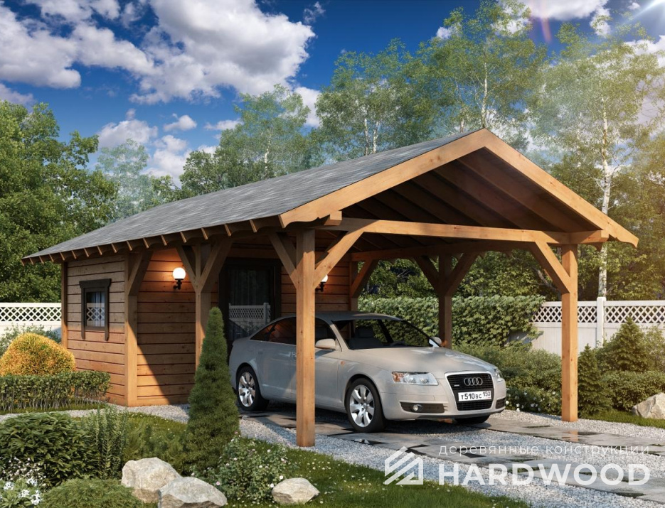 Навес для машины на дачу из дерева с хозблоком №73 - фото 1125