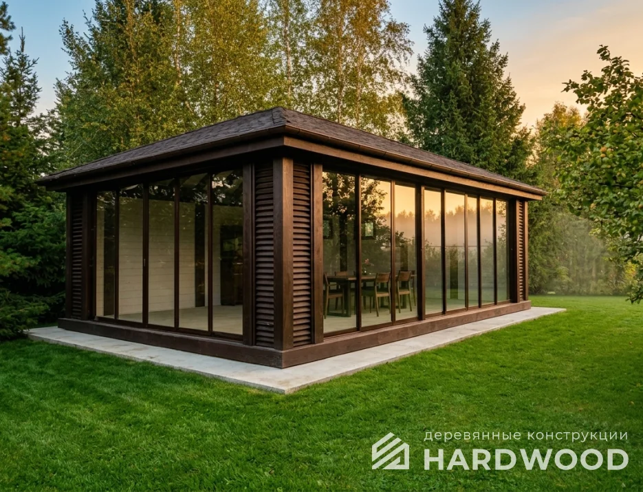 Большая деревянная беседка остеклённая №98 - фото 2276